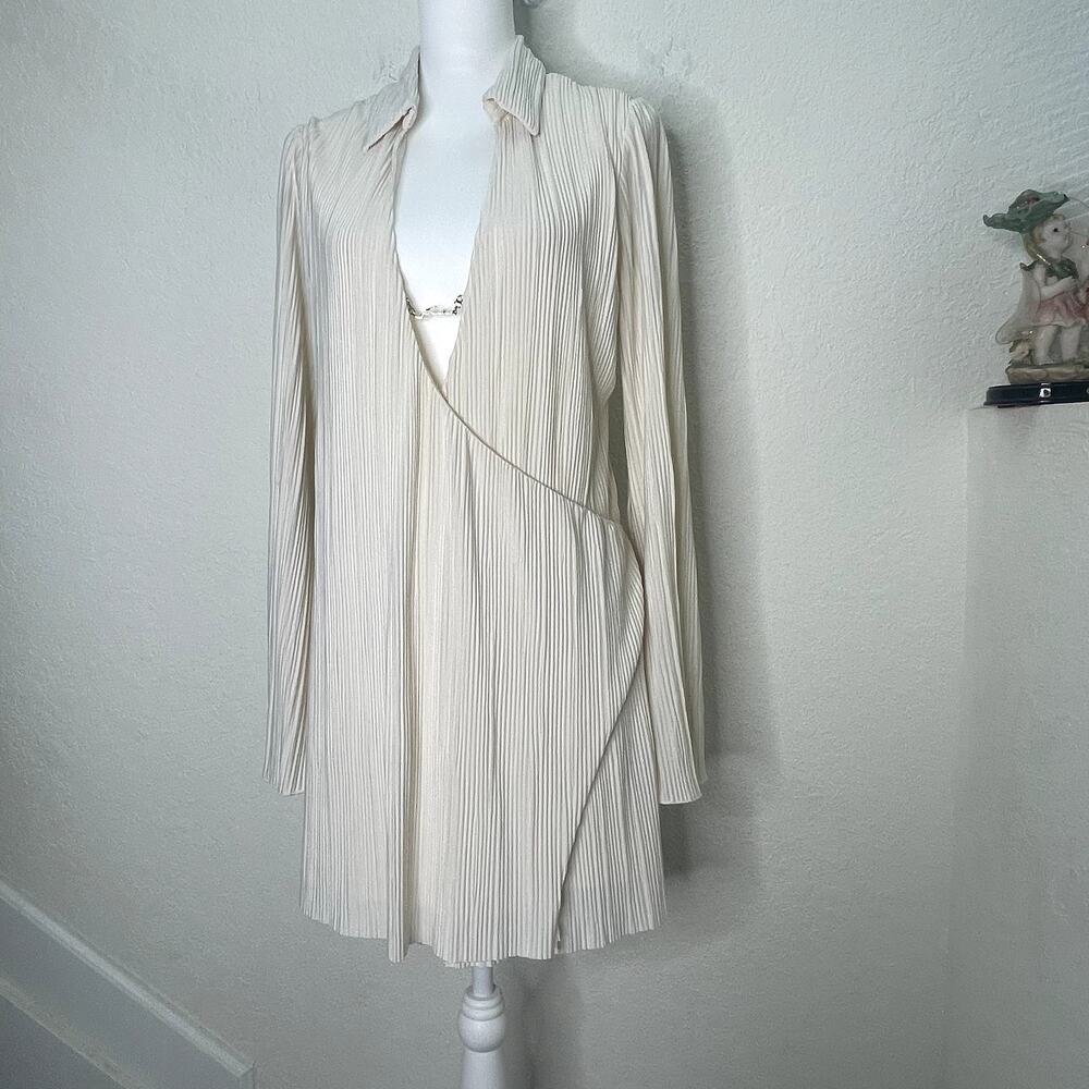 MESHKI Women's L Ivory Pleated Mini Dress Deep V Chain Logo Long Sleeve Raw Hem